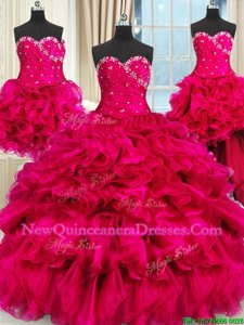 Custom Design Four Piece Hot Pink Sweetheart Neckline Beading and Ruffles and Ruching 15 Quinceanera Dress Sleeveless Lace Up