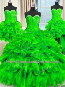 Adorable Four Piece Sleeveless Beading and Ruffles and Ruching Lace Up Sweet 16 Dress