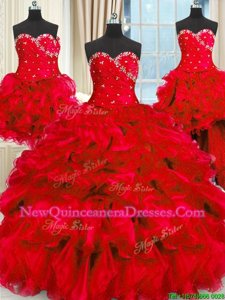 Four Piece Sleeveless Organza Floor Length Lace Up Quince Ball Gowns inRed withBeading and Ruffles and Ruching