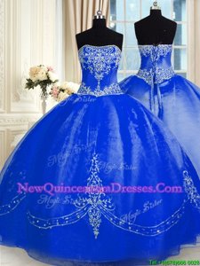 Top Selling Royal Blue Ball Gowns Organza Strapless Sleeveless Beading and Embroidery Floor Length Lace Up Quinceanera Dresses