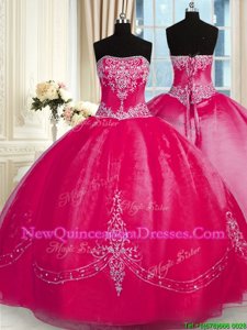 Sweet Organza Strapless Sleeveless Lace Up Beading and Embroidery 15th Birthday Dress inFuchsia