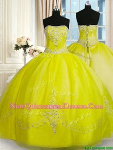 New Arrival Yellow Green Sleeveless Floor Length Beading and Embroidery Lace Up Sweet 16 Quinceanera Dress