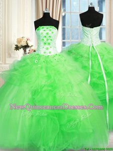 Affordable Sleeveless Floor Length Pick Ups and Hand Made Flower Lace Up 15th Birthday Dress with Spring Green