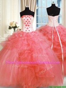 Custom Fit Sleeveless Floor Length Pick Ups and Hand Made Flower Lace Up Quinceanera Gown with Watermelon Red