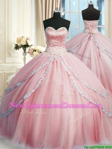 Fabulous Sleeveless With Train Beading and Appliques Lace Up 15th Birthday Dress with Pink Court Train
