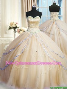 Eye-catching Sweetheart Sleeveless Quinceanera Dresses With Train Court Train Beading and Appliques Gold Tulle
