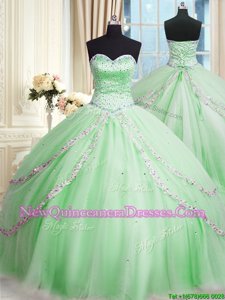Spring Green Sleeveless With Train Beading and Appliques Lace Up Ball Gown Prom Dress
