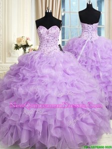 Discount Sweetheart Sleeveless Vestidos de Quinceanera Floor Length Beading and Ruffles Lavender Organza