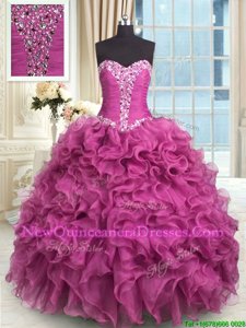 Cute Sweetheart Sleeveless Sweet 16 Dress Floor Length Beading and Ruffles Rose Pink Organza