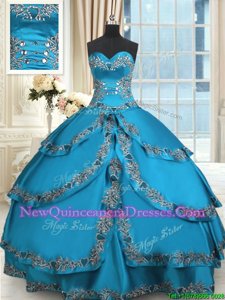 Classical Floor Length Blue 15th Birthday Dress Taffeta Sleeveless Spring and Summer and Fall and Winter Beading and Embroidery and Ruffled Layers