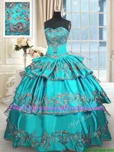Extravagant Embroidery and Ruffled Layers Quince Ball Gowns Aqua Blue Lace Up Sleeveless Floor Length
