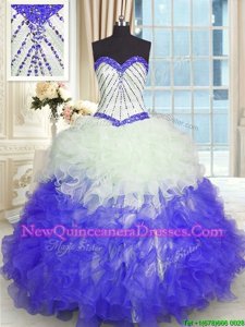 Unique Blue And White Ball Gowns Organza Sweetheart Sleeveless Beading and Ruffles Floor Length Lace Up Vestidos de Quinceanera