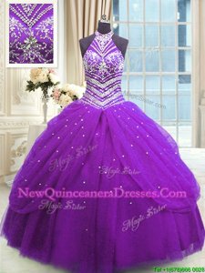 Customized Purple Sleeveless Tulle Lace Up Quinceanera Gown for Military Ball and Sweet 16 and Quinceanera