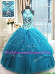 Super High-neck Sleeveless Quince Ball Gowns Floor Length Beading Baby Blue Tulle