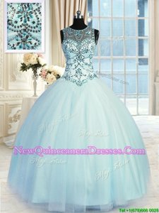 Scoop Sleeveless Ball Gown Prom Dress Floor Length Beading Light Blue Tulle
