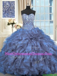 Stylish Sleeveless Beading and Ruffles Lace Up Sweet 16 Quinceanera Dress with Light Blue Brush Train