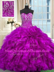 Best Purple Organza Lace Up Sweetheart Sleeveless 15th Birthday Dress Brush Train Beading and Ruffles
