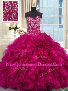 Unique Fuchsia Lace Up Sweetheart Beading and Ruffles Quinceanera Dresses Organza Sleeveless Brush Train