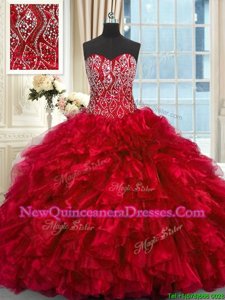 Luxury Red Sleeveless Organza Brush Train Lace Up Sweet 16 Dress for Military Ball and Sweet 16 and Quinceanera