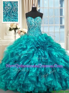 Top Selling Teal Sweetheart Lace Up Beading and Ruffles 15th Birthday Dress Brush Train Sleeveless