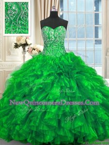 Exquisite Beading and Ruffles Quinceanera Dress Green Lace Up Sleeveless Brush Train