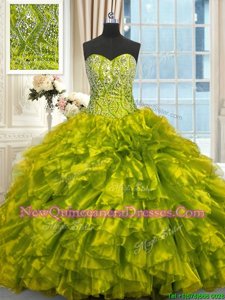 Chic Yellow Green Ball Gowns Organza Sweetheart Sleeveless Beading and Ruffles Lace Up Quinceanera Gown Brush Train