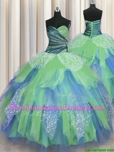 Elegant Green Organza Lace Up Sweetheart Sleeveless Floor Length Quinceanera Dress Beading and Ruching