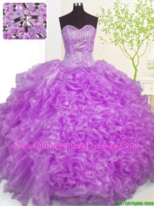 Pretty Purple Lace Up Sweetheart Beading and Ruffles and Pick Ups Sweet 16 Quinceanera Dress Organza Sleeveless