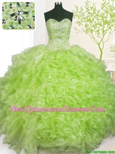 Delicate Beading and Ruffles and Pick Ups Ball Gown Prom Dress Yellow Green Lace Up Sleeveless Floor Length