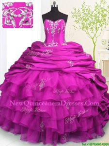 Amazing Pick Ups Ruffled Fuchsia Sleeveless Organza and Taffeta Brush Train Lace Up Ball Gown Prom Dress for Military Ball and Sweet 16 and Quinceanera