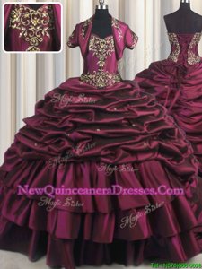 Hot Sale Beading and Appliques and Pick Ups Sweet 16 Quinceanera Dress Burgundy and Fuchsia Lace Up Sleeveless With Brush Train