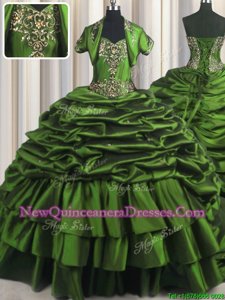 Amazing Sleeveless With Train Beading and Appliques and Pick Ups Lace Up Quinceanera Gown with Green Brush Train