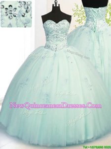 Best Light Blue Lace Up Sweetheart Beading and Appliques Quinceanera Dress Tulle Sleeveless
