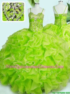 Comfortable Sleeveless Floor Length Beading and Ruffles Lace Up 15th Birthday Dress with Yellow Green