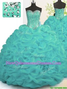 Dynamic Turquoise Ball Gowns Sweetheart Sleeveless Organza With Brush Train Lace Up Beading and Ruffles Sweet 16 Dresses