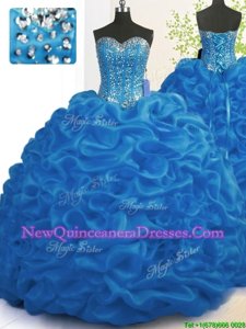 Unique Sweetheart Sleeveless Quince Ball Gowns With Brush Train Beading and Ruffles Royal Blue Organza