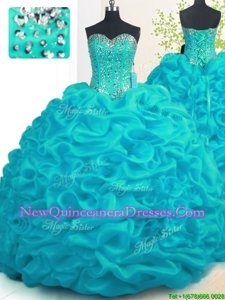 Beading and Ruffles 15 Quinceanera Dress Aqua Blue Lace Up Sleeveless With Brush Train
