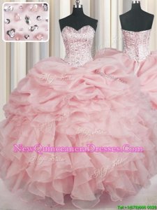 Shining Beading and Ruffles Ball Gown Prom Dress Baby Pink Lace Up Sleeveless Floor Length