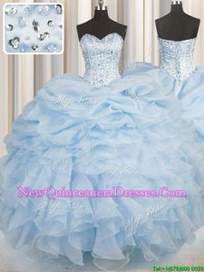 Pretty Sleeveless Floor Length Beading and Ruffles Lace Up Sweet 16 Quinceanera Dress with Light Blue