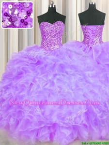 Glittering Lavender Lace Up Sweetheart Beading and Ruffles Sweet 16 Dress Organza Sleeveless