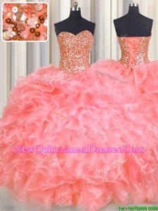 Halter Top Watermelon Red Sleeveless Organza Lace Up 15th Birthday Dress for Military Ball and Sweet 16 and Quinceanera