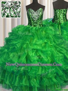 Spring Green Lace Up Ball Gown Prom Dress Beading and Ruffles Sleeveless Floor Length