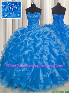 Modern Blue Ball Gowns Beading and Ruffles Sweet 16 Dress Lace Up Organza Sleeveless Floor Length