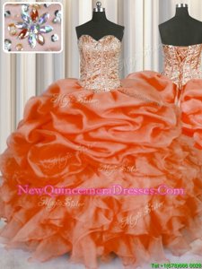 Luxurious Floor Length Lace Up Quinceanera Gowns Orange and In for Military Ball and Sweet 16 and Quinceanera withBeading and Ruffles and Pick Ups
