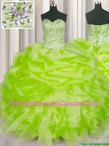 Customized Yellow Green Organza Lace Up Sweetheart Sleeveless Floor Length Sweet 16 Dresses Beading and Ruffles and Pick Ups