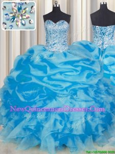 Custom Fit Pick Ups Sweetheart Sleeveless Lace Up Quince Ball Gowns Blue Organza