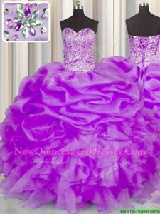 Beading and Ruffles and Pick Ups Quinceanera Gown Purple Lace Up Sleeveless Floor Length
