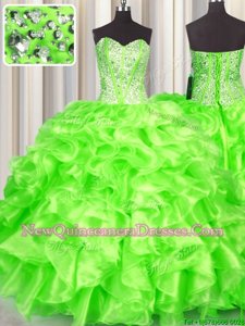 Pretty Sleeveless Organza Floor Length Lace Up Quinceanera Gowns inSpring Green withBeading and Ruffles