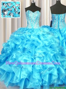 High Quality Aqua Blue Lace Up Quinceanera Gowns Beading and Ruffles Sleeveless Floor Length