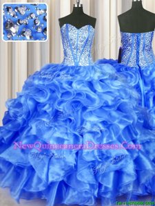 Floor Length Blue Quince Ball Gowns Sweetheart Sleeveless Lace Up